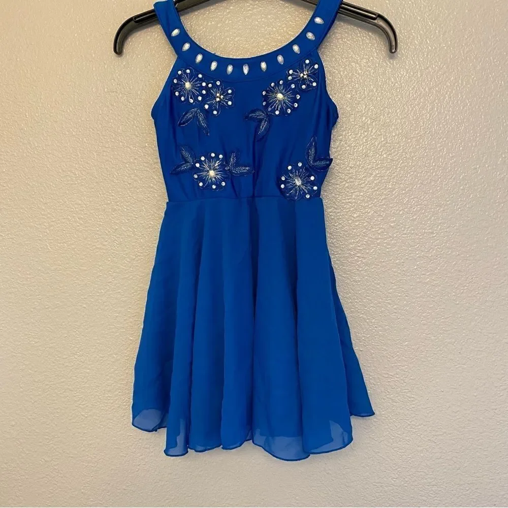 Glamour dance costume blue bedazzled rhinestones sequin dress-child S/MC